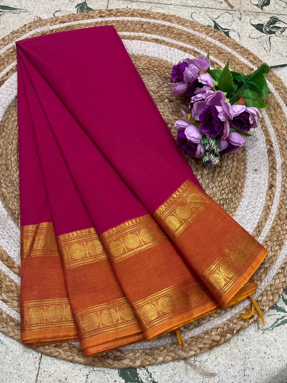 Magenta Pink Kanchi Cotton Saree With Copper Gold Zari Motif Border